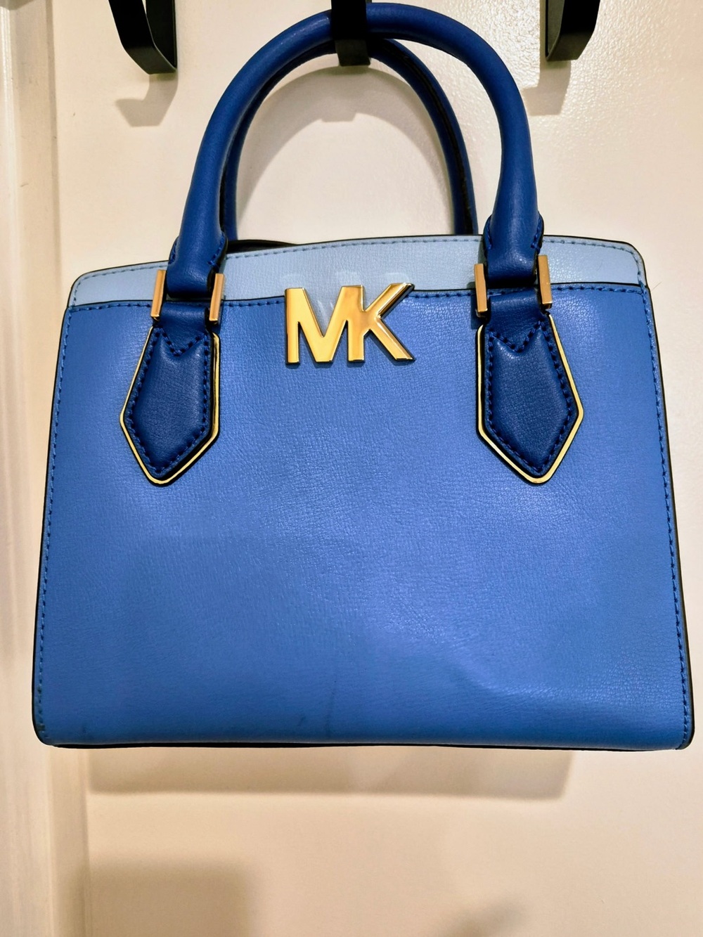 Michael Kors Two-Tone Blue Leather Satchel with Gold MK Hardware